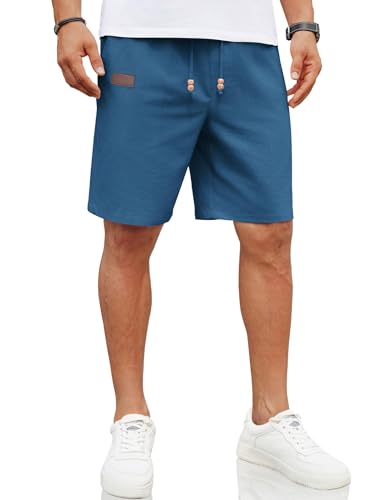 COOFANDY Kurze Hosen Herren mit Gummibund Leinen Hose Kurz Leinenshorts Elastischer Bund Leinenhose Sommerhose Leicht Strandshorts mit Taschen Marine Blau L von COOFANDY