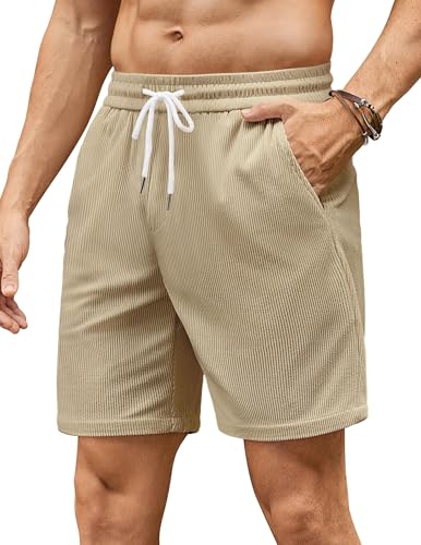 COOFANDY Kurze Leinenhose Herren Sommer Shorts Bermuda Freizeit Strick Corduroy Freizeitshorts mit Taschen Hellkhaki 32 von COOFANDY