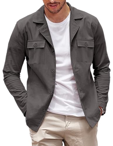 COOFANDY Lässige Herren-Hemdjacke, Baumwoll-Leinen, Shacket leicht, Arbeitsmantel, Button-Down-Overshirt, grau dunkel, M von COOFANDY