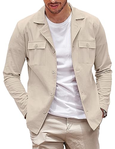 COOFANDY Lässige Herren-Hemdjacke, langärmelig, Button-Down-Overshirt, leichte Jacke mit Taschen, Hellkhaki, L von COOFANDY