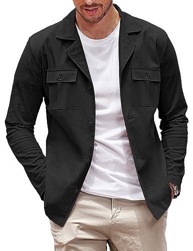 COOFANDY Lässige Herren-Hemdjacke, langärmelig, Button-Down-Overshirt, leichte Jacke mit Taschen, Schwarz, XXL von COOFANDY