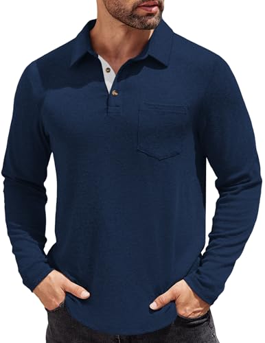 COOFANDY Herren-Poloshirt, langärmelig, lässiges Kleid, Knopfleiste, Polo-T-Shirt mit Tasche, Basic, leichtes Golfshirt mit Kragen, Dunkelblau, XL von COOFANDY