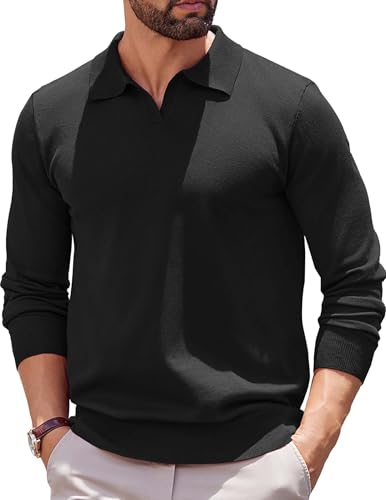 COOFANDY Langärmeliges Poloshirt für Herren, Strick-Polopullover, leicht, gerippt, Schwarz, Groß von COOFANDY