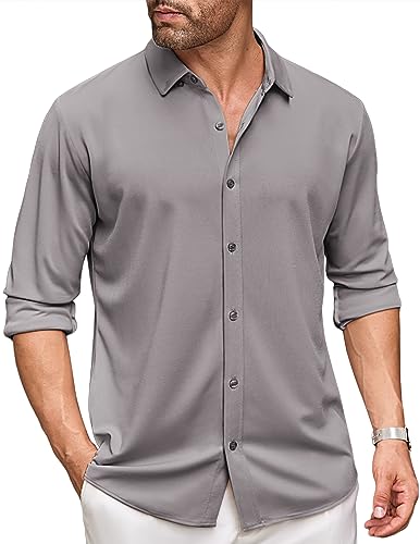 COOFANDY Langarm Hemd Herren Bügelfrei Business Hemd Freizeithemden für Herren Slim Fit Button Down Hemd Hellgrau XXL von COOFANDY