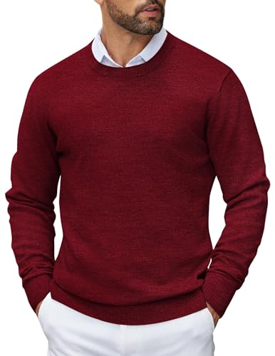 COOFANDY Herren Pullover Strickpullover mit Rundhals Langarm Business Pulli Warm Sweater Männer Lange Ärmel Winterpullover Crewneck Rippblende Weinrot S von COOFANDY