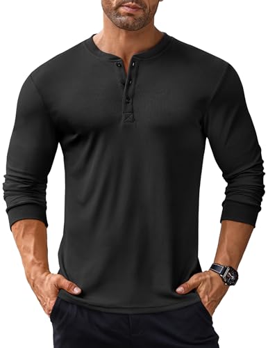 COOFANDY Langarmshirt Herren Henley Shirt Langarm T Shirt mit Knopfleiste Longsleeve Tshirt Henley Tshirts V Ausschnitt Pullover Gerippt Regular Fit Schwarz 3XL von COOFANDY