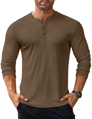 COOFANDY Langarmshirt Herren Henley Shirt Langarm Tshirt mit Knopfleiste Shirts Langarm Herren Henley Pullover Gerippt Oberteile Basic Tops für Männer Braun-b 3XL von COOFANDY
