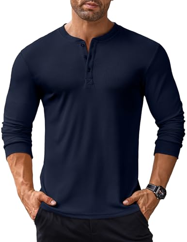 COOFANDY Langarmshirt Herren Henley Shirt Langarm Tshirt mit Knopfleiste Shirts Langarm Herren Henley Pullover Gerippt Oberteile Basic Tops für Männer Dunkelblau-b XL von COOFANDY