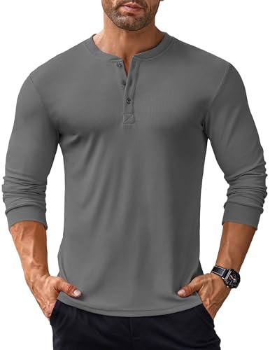 COOFANDY Langarmshirt Herren Henley Shirt Langarm Tshirt mit Knopfleiste Shirts Langarm Herren Henley Pullover Gerippt Oberteile Basic Tops für Männer Dunkelgrau-b XL von COOFANDY