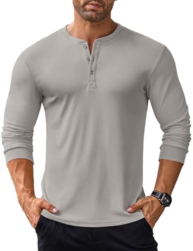 COOFANDY Langarmshirt Herren Henley Shirt Langarm Tshirt mit Knopfleiste Shirts Langarm Herren Henley Pullover Gerippt Oberteile Basic Tops für Männer Hellgrau-b L von COOFANDY