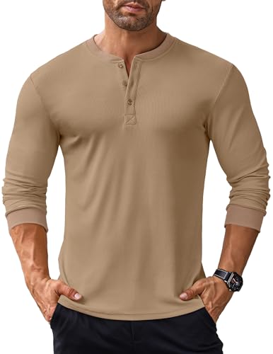 COOFANDY Langarmshirt Herren Henley Shirt Langarm Tshirt mit Knopfleiste Shirts Langarm Herren Henley Pullover Gerippt Oberteile Basic Tops für Männer Khaki-b L von COOFANDY
