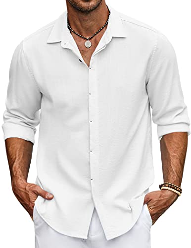 COOFANDY Herren Hemd Leinen Langarmhemd Hemd Button-Down Strand Hemden Langarmshirt Männer Freizeithemd Leinenhemd Einfarbig Weiß L von COOFANDY