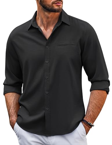 COOFANDY Langarmshirt Herren Leinenhemd Hemd Herren Freizeithemd Buissness Sommerhemd Einfarbig Basic Shirts Schwarz XXL von COOFANDY