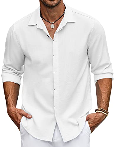 COOFANDY Hemden Herren Regular Fit Langarm Hemden Strand Leinen Hemden Langarmshirt Männer Freizeithemd Leinenhemd Sommer Weiß XL von COOFANDY