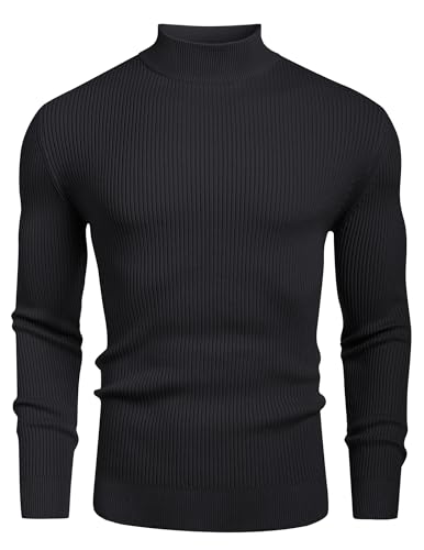 COOFANDY Langarmshirt Herren Rollkragenpullover Slim Fit Rollkragenshirt T-Shirt Stehkragen Strickpullover Thermo Unterhemd Schwarz M von COOFANDY
