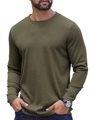 COOFANDY Langarmshirt Herren Rundhals Muscle Pullover Wellenstreifen T-Shirt Freizeit Casual Männer Unterhemden Einfarbig Armeegrün XL von COOFANDY