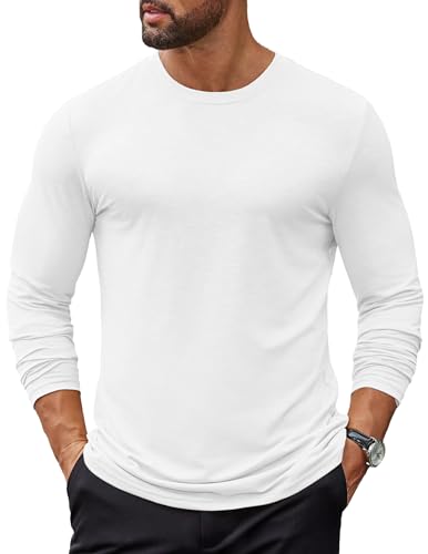 COOFANDY Herren Long Sleeve T-Shirt Langärmliges Tshirt Rundhals T-Shirts Oberteil Basic T Shirt Unterziehshirt Weiß L von COOFANDY