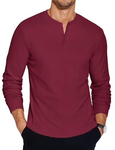 COOFANDY Langarmshirt Herren mit Knopfleiste Longsleeve Henley Shirt Basic Tshirt Pullover Knopfleiste Dunkelrot XL von COOFANDY