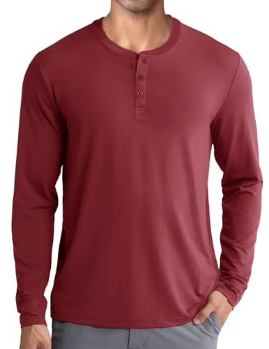 COOFANDY Langarmshirts Für Herren Henley Shirt Longsleeve Casual Henley-Hemd Langarm T-Shirt Button Pullover Rotwein XL von COOFANDY