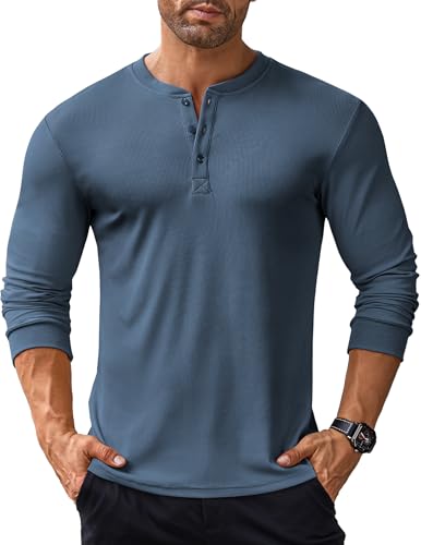 COOFANDY Langarmshirts für Herren Henley Shirt Langarm Longsleeve Tshirt mit Knopfleiste Henley Tshirt Basic Pullover V-Ausschnitt Navy Blau XXL von COOFANDY