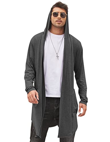 COOFANDY Langer Herren-Cardigan mit Kapuze, Schalkragen, leicht, vorne offen, mit Taschen, Dunkel_Grau, Mittel von COOFANDY