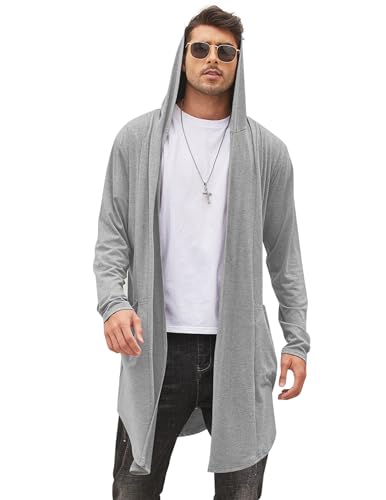 COOFANDY Langer Herren-Cardigan mit Kapuze, Schalkragen, leicht, vorne offen, mit Taschen, Hellgrau, XX-Large von COOFANDY