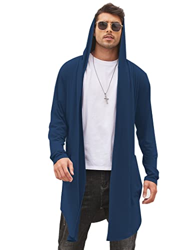 COOFANDY Langer Herren-Cardigan mit Kapuze, Schalkragen, leicht, vorne offen, mit Taschen, Marineblau, Mittel von COOFANDY