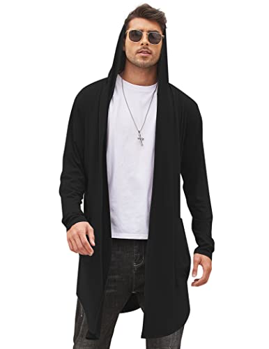 COOFANDY Langer Herren-Cardigan mit Kapuze, Schalkragen, leicht, vorne offen, mit Taschen, Schwarz, Groß von COOFANDY