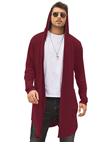 COOFANDY Langer Herren-Cardigan mit Kapuze, Schalkragen, leicht, vorne offen, mit Taschen, Weinrot, Mittel von COOFANDY