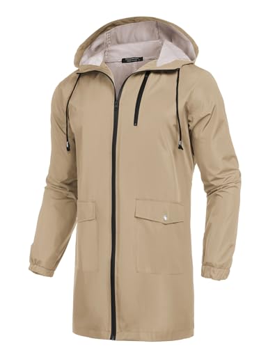 COOFANDY Langer Regenmantel für Herren, leichte Regenjacke, wasserdichte Outdoor-Jacken mit Kapuze, Khaki, X-Large von COOFANDY