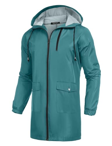 COOFANDY Langer Regenmantel für Herren, leichte Regenjacke, wasserdichte Outdoor-Jacken mit Kapuze, Königsblau, M von COOFANDY