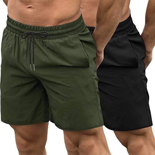 COOFANDY Laufshorts Herren Sporthose Kurz 2er Pack Sommer Sporthosen für Männer Trainingsshorts Herren mit Taschen Schwarz/Armeegrün S von COOFANDY