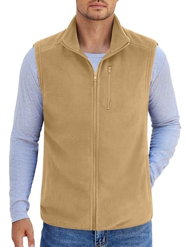 COOFANDY Leichte Fleece-Weste für Herren, ärmellos, Reißverschluss, warme Jacke, lässige Oberbekleidung, Westen mit Taschen, Khaki, M von COOFANDY