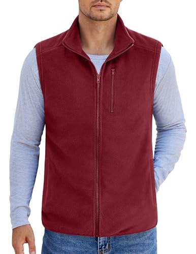 COOFANDY Leichte Fleece-Weste für Herren, ärmellos, Reißverschluss, warme Jacke, lässige Oberbekleidung, Westen mit Taschen, Weinrot, XXL von COOFANDY