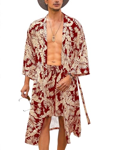 COOFANDY Leichter 2-teiliger Herren-Kimono-Bademantel mit Shorts, japanische 3/4-Ärmel, lässig, vorne offen, lange Strickjacke mit Gürtel, Rot (Blätter), Large von COOFANDY