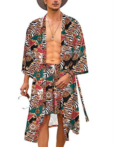 COOFANDY Leichter 2-teiliger Kimono-Bademantel mit Shorts, japanische 3/4-Ärmel, lässig, vorne offen, lange Strickjacke mit Gürtel, Weiß (luxuriöser Druck), XX-Large von COOFANDY