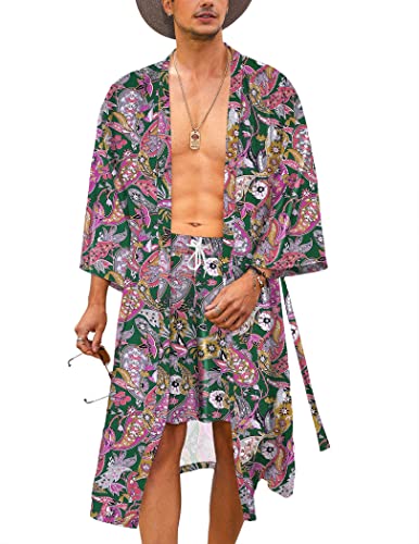 COOFANDY Leichter 2-teiliger Kimono-Bademantel mit Shorts, japanische 3/4-Ärmel, lässige offene Vorderseite, lange Strickjacke mit Gürtel, Grün (Paisley-Druck), X-Large von COOFANDY
