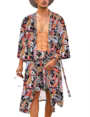 COOFANDY Leichter 2-teiliger Kimono-Bademantel mit Shorts, japanische 3/4-Ärmel, lässige offene Vorderseite, lange Strickjacke mit Gürtel, Schwarz (Paisley-Druck), Large von COOFANDY