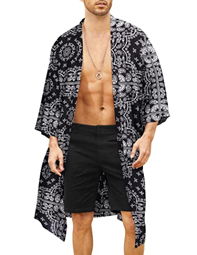 COOFANDY Leichter Kimono-Bademantel für Herren, bedruckt, japanischer Stil, lässig, vorne offen, lange Strickjacke, Mantel, Outwear, Schwarz, Small von COOFANDY