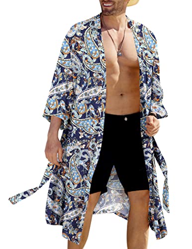 COOFANDY Leichter Kimono-Bademantel für Herren, japanische Bademäntel, vorne offen, lange Strickjacke, Umhang mit Gürtel, Blau (Paisleymuster), Small von COOFANDY