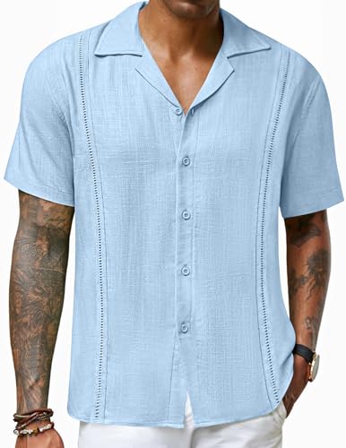 COOFANDY Leinen Hemden Herren Sommer Guayabera Hemd Kurzarm Freizeithemden Kubanisches Kuba Strandhemd Hellblau M von COOFANDY