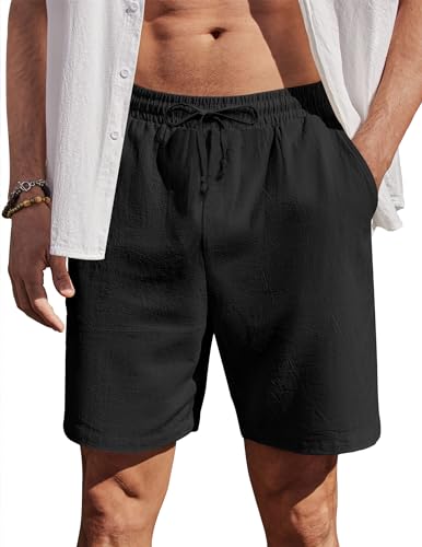 COOFANDY Leinen Shorts Herren Kurz Sommer Hose aus Baumwolle Chino Hose Strand Freizeithose mit Gummibund Schwarz XXL von COOFANDY