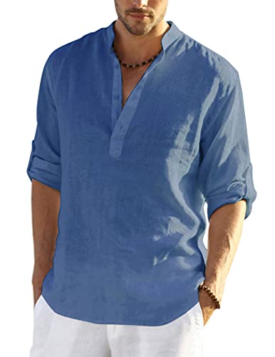 COOFANDY Leinenhemd Hemd Herren Langarm Henley Shirt Baumwolle Sommerhemd Hippie Casual Regular Fit Freizeithemd Denim-blau XXL von COOFANDY