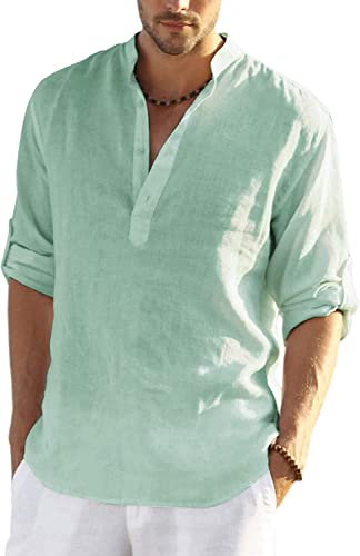 COOFANDY Leinenhemd Hemd Herren Langarm Henley Shirt Herren Baumwolle Sommerhemd Hippie Freizeithemd Casual Regular Fit Grün XXL von COOFANDY