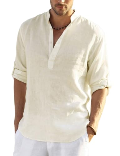 COOFANDY Leinenhemd Herren Hemd Cotton Sommer Regular Fit Leinen Sommer Freizeithemd Strand Casual Henley Hemd Beige L von COOFANDY