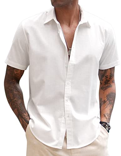 COOFANDY Leinenhemd Herren Hemd Kurzarm Freizeit Sommer Kurzarmhemd Sommerhemd Bügelfrei Freizeithemden Männer Basic-Shirt Business Hemd Weiss XXL von COOFANDY