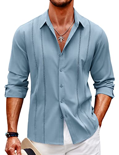 COOFANDY Leinenhemd Herren Hemd Langarm Regular Fit Leinenhemd Sommer Freizeithemd Casual Strand Hemden Blau XXL von COOFANDY