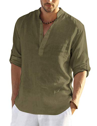 COOFANDY Leinenhemd Herren Hemd Langarm Regular Fit Sommer Baumwolle Linen Freizeithemd Strand Casual Linen Henley Shirt Armeegrün XXL von COOFANDY