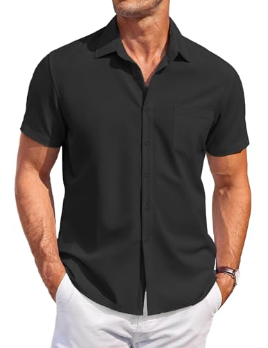 COOFANDY Leinenhemd Herren Kurzarm Freizeithemd Herren Hemd Regular Fit Men Casual Shirt Sommer Hemd Schwarz XXL von COOFANDY