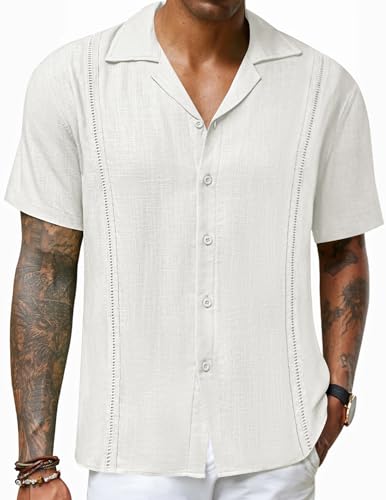 COOFANDY Leinenhemd Herren Kurzarm Guayabera Hemd Sommer Freizeithemden Kuba Hemden Kubanischer Kragen Männer Weiß L von COOFANDY